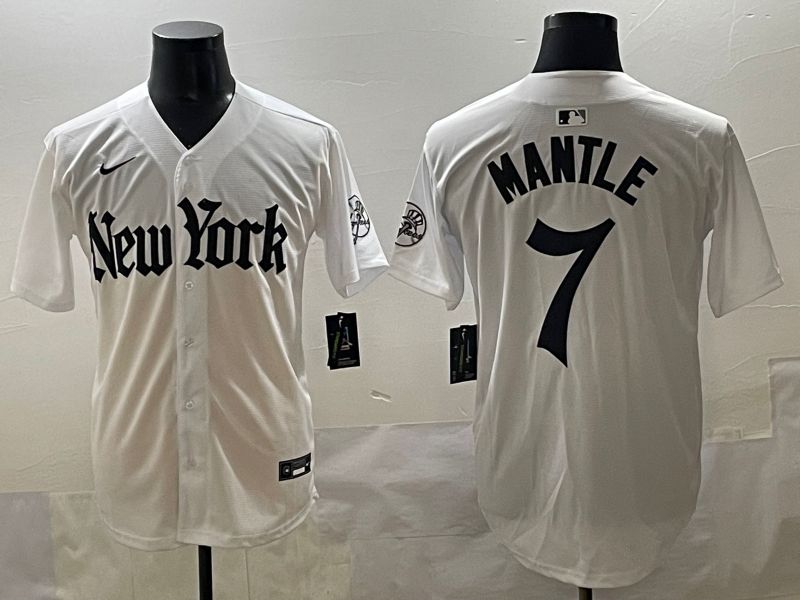 Men 2025 New York Yankees #7 Mantle White Five generations Joint Name Nike MLB Jersey style 1